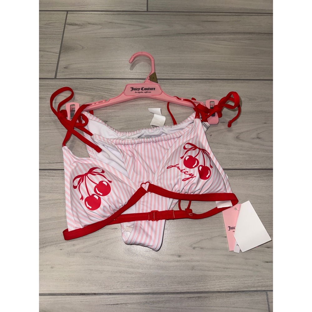 Juicy Couture Womens Pink White Striped Cherry Triangle Bikini Set NWT Small
